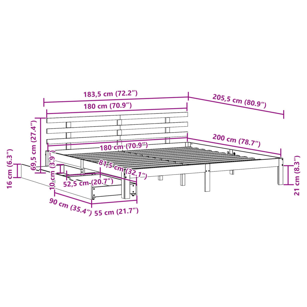 vidaXL Cadru pat cu sertare, maro ceruit, 180x200 cm, lemn masiv pin