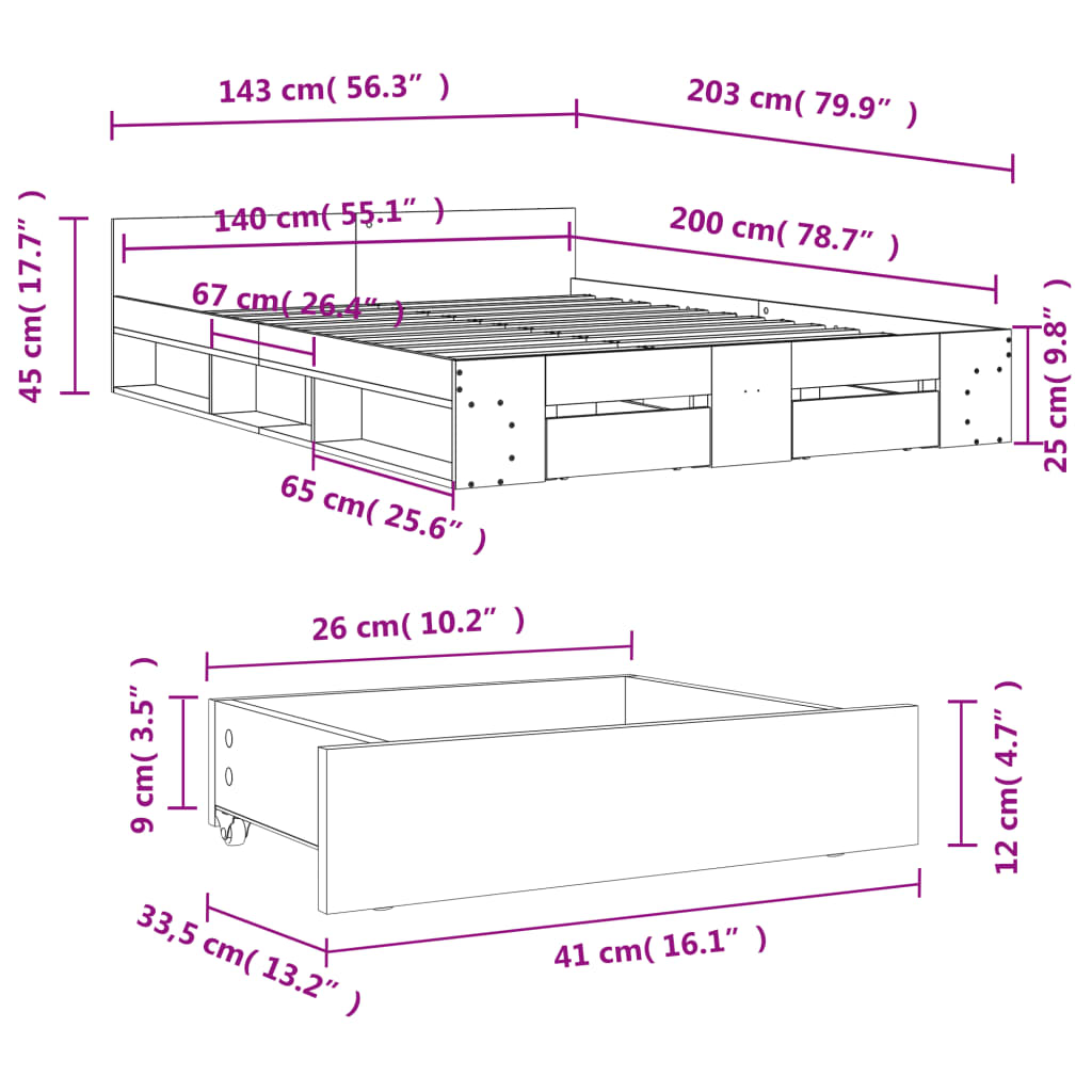 vidaXL Cadru pat cu sertare stejar fumuriu 140x200 cm lemn prelucrat