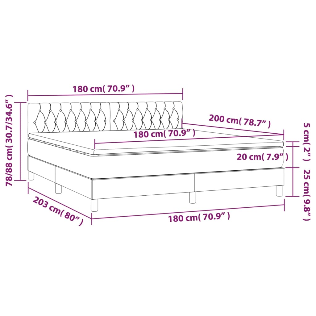 vidaXL Pat box spring cu saltea, gri deschis, 180x200 cm, catifea