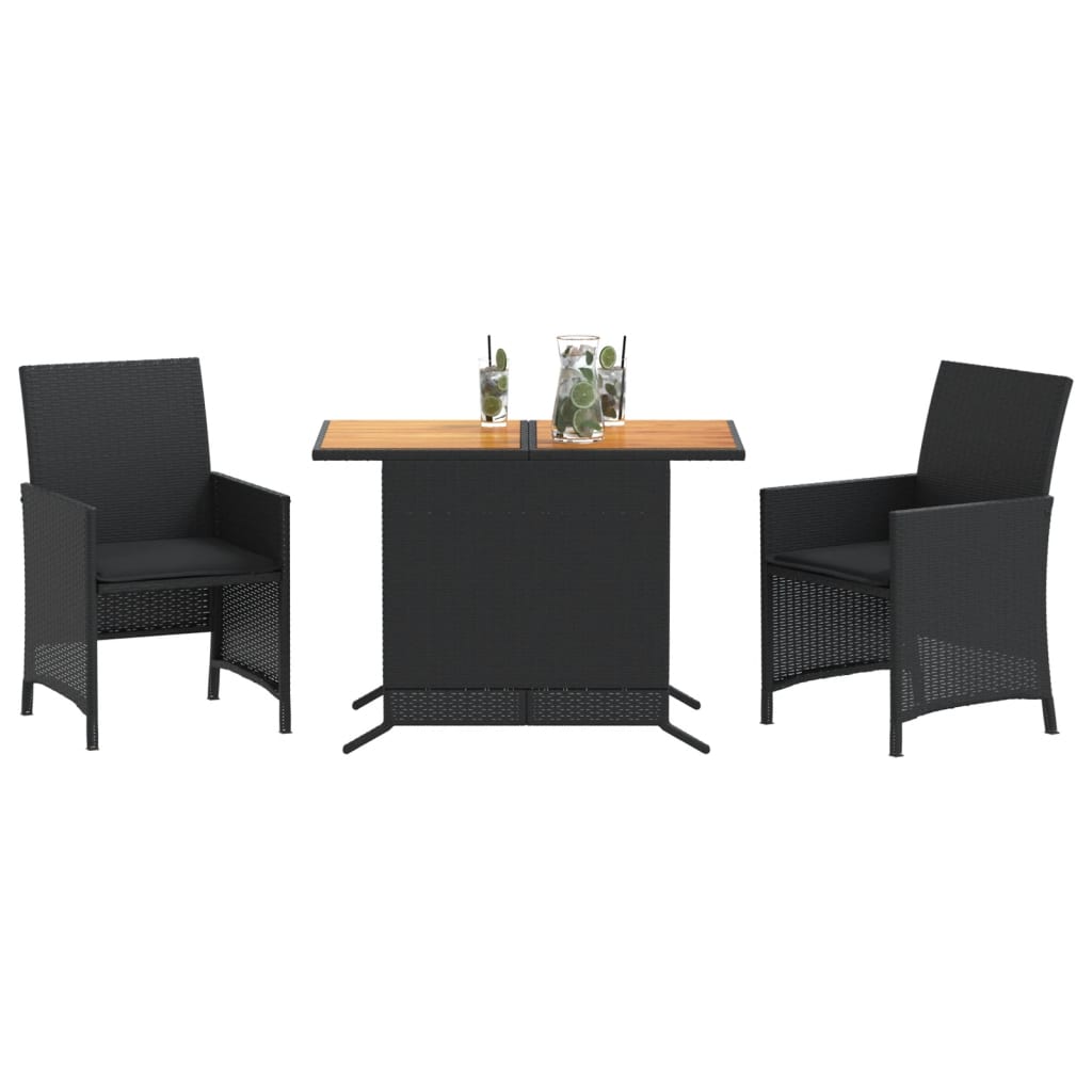 vidaXL Set bistro cu perne, 3 piese, negru, poliratan