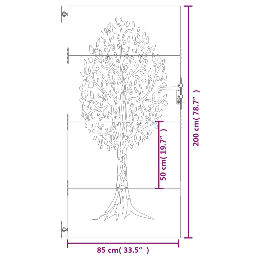 vidaXL Poartă pentru grădină, 85x200 cm, oțel corten, model copac