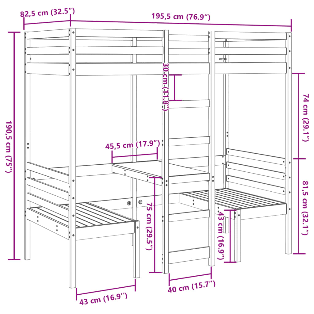 vidaXL Cadru pat etajat, birou/scaune, 75x190 cm, lemn masiv pin