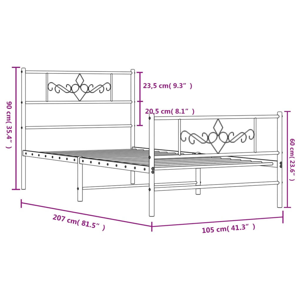 vidaXL Cadru pat metalic cu tăblii de cap/picioare, negru, 100x200 cm