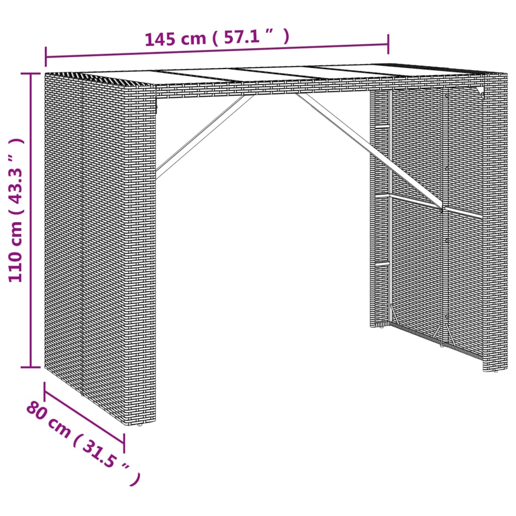 vidaXL Masă de bar cu blat din sticlă, maro, 145x80x110 cm, poliratan