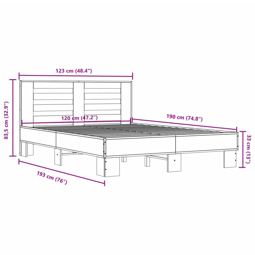 vidaXL Cadru de pat, stejar sonoma, 120x190cm, lemn prelucrat și metal