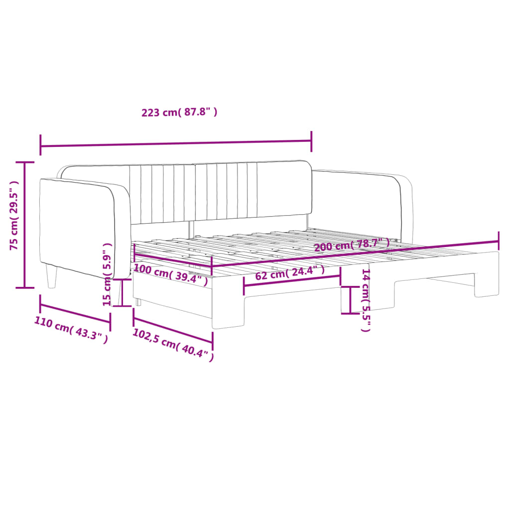 vidaXL Pat de zi cu extensie, gri deschis, 100x200 cm, catifea