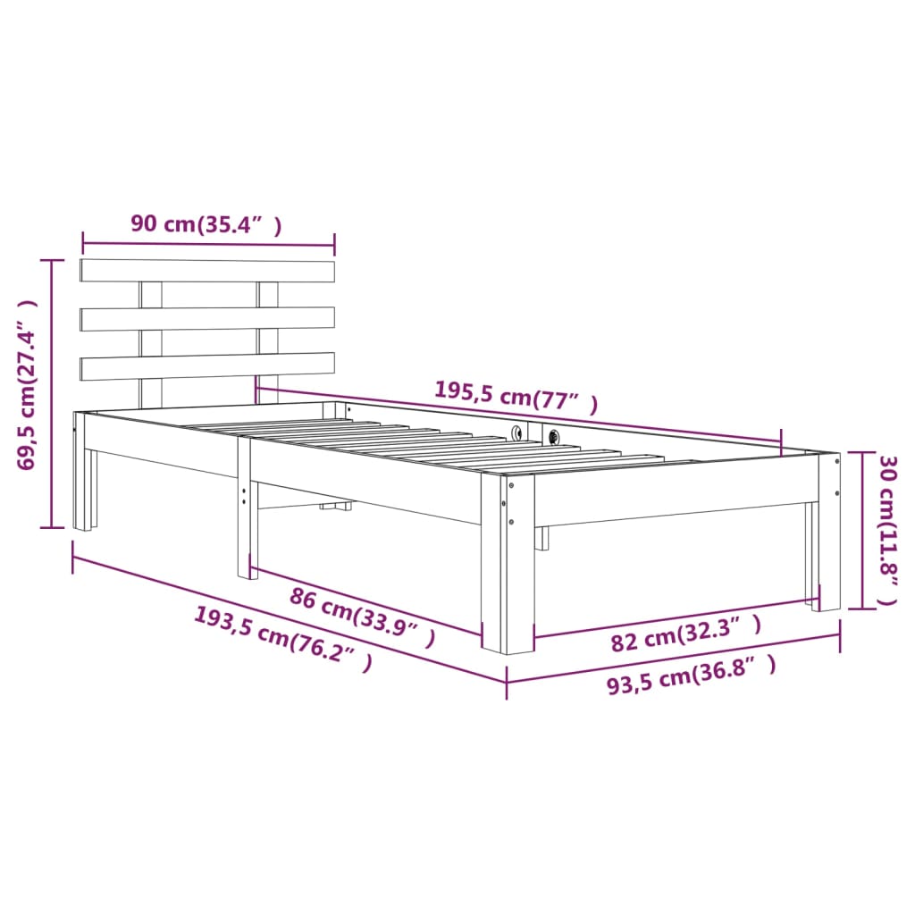 vidaXL Cadru de pat single, negru, 90x190 cm, lemn masiv