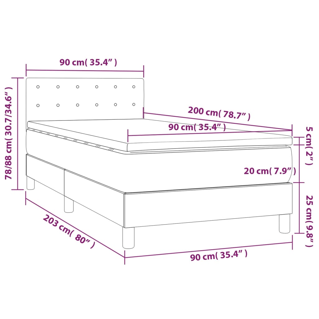 vidaXL Pat box spring cu saltea, gri deschis, 90x200 cm, catifea