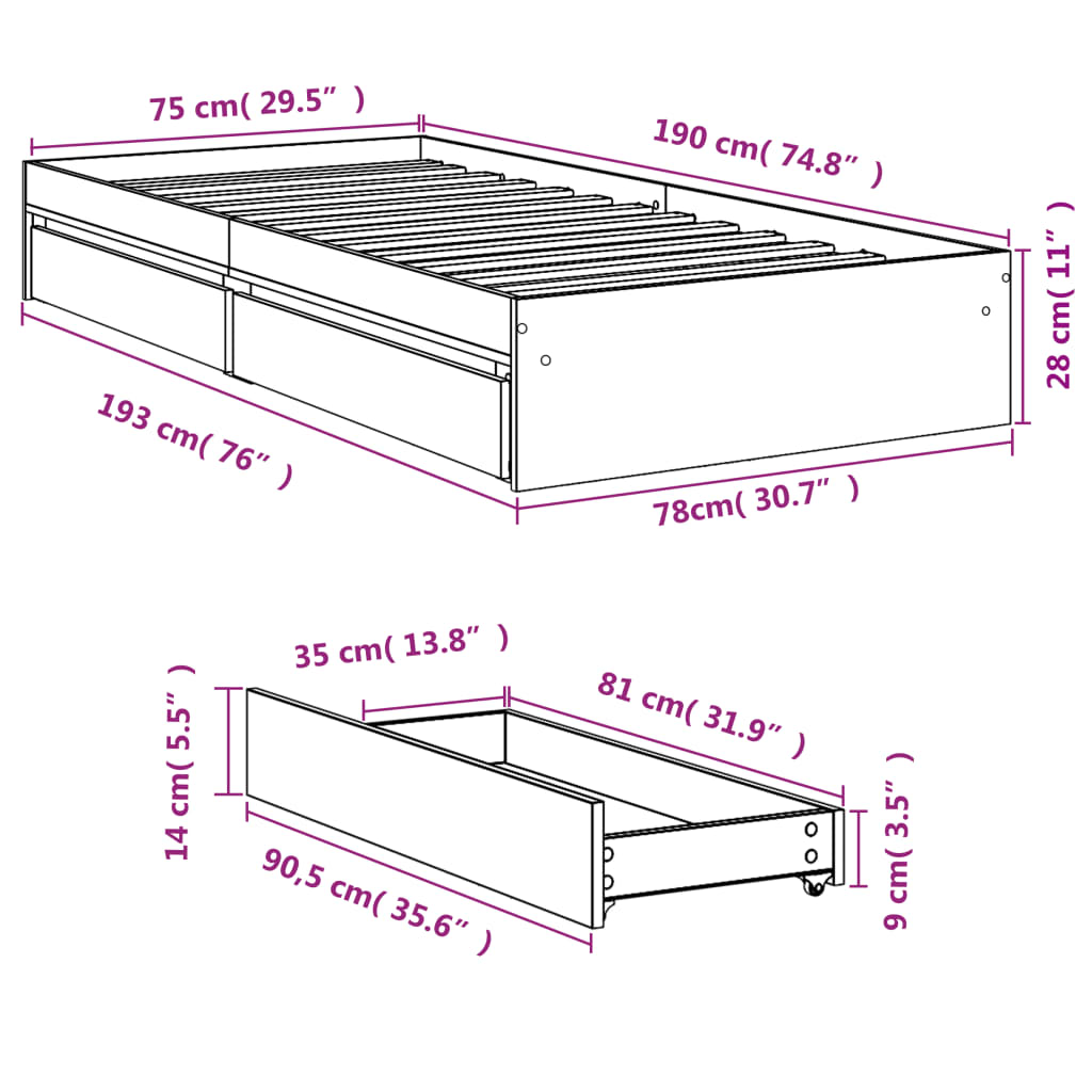 vidaXL Cadru de pat cu sertare stejar sonoma 75x190 cm lemn prelucrat