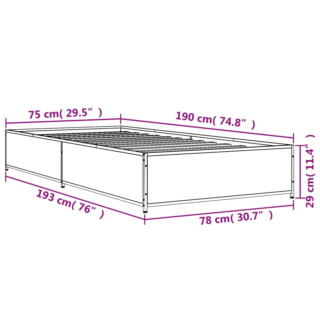 vidaXL Cadru de pat, stejar fumuriu, 75x190cm, lemn prelucrat și metal