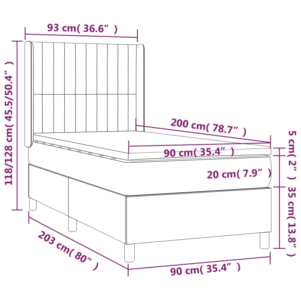 vidaXL Pat box spring cu saltea, gri deschis, 90x200 cm, textil