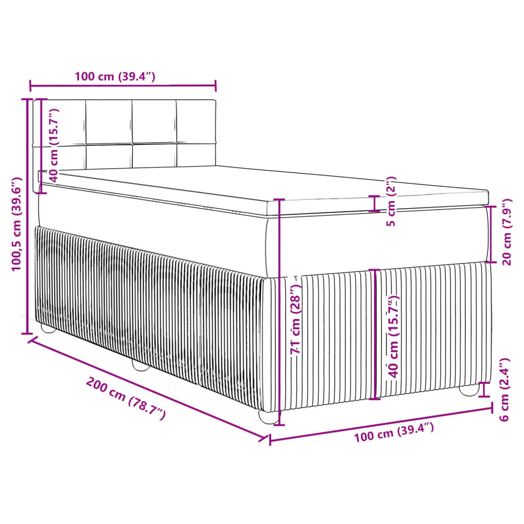 vidaXL Pat box spring cu saltea, gri deschis, 100x200 cm, catifea