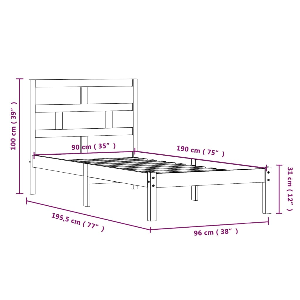 vidaXL Cadru de pat single, alb, 90x190 cm, lemn masiv