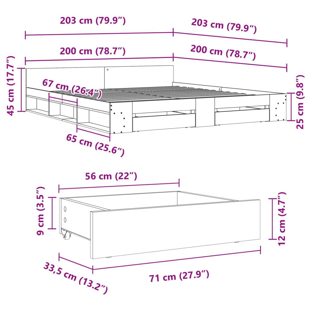 vidaXL Cadru de pat cu sertare stejar sonoma 200x200 cm lemn prelucrat