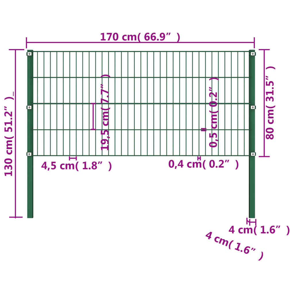 vidaXL Panou de gard cu stâlpi, verde, 1,7 m, fier