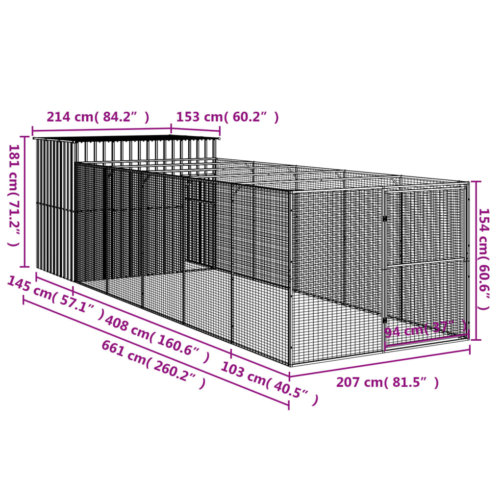 vidaXL Cușcă de câine cu țarc antracit 214x661x181 cm oțel galvanizat