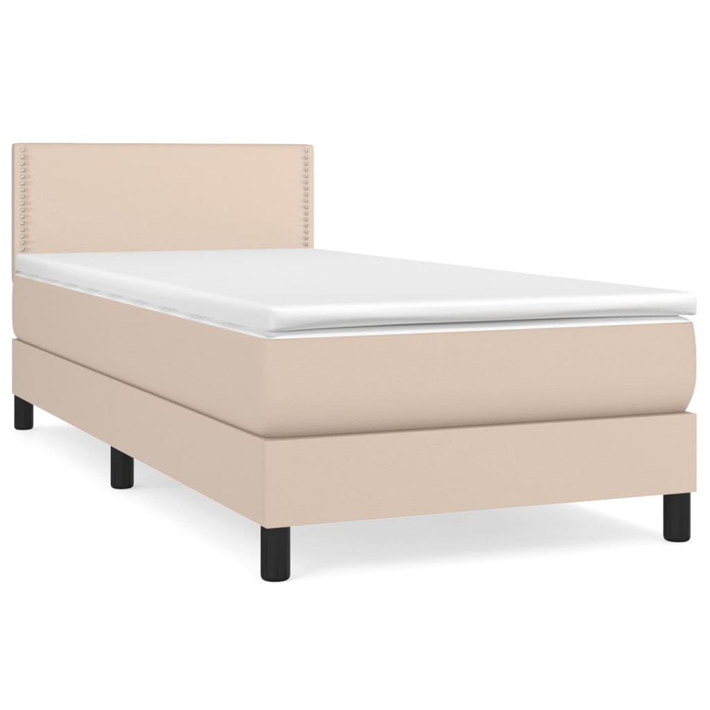 vidaXL Pat box spring cu saltea, cappuccino, 90x190 cm piele ecologică