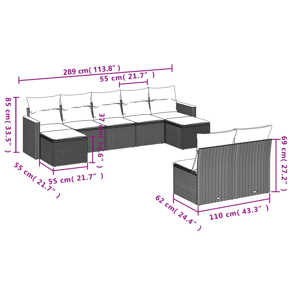 vidaXL Set mobilier de grădină cu perne, 9 piese, negru, poliratan