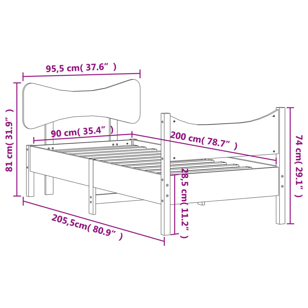 vidaXL Cadru de pat fără saltea, alb, 90x200 cm, lemn masiv pin