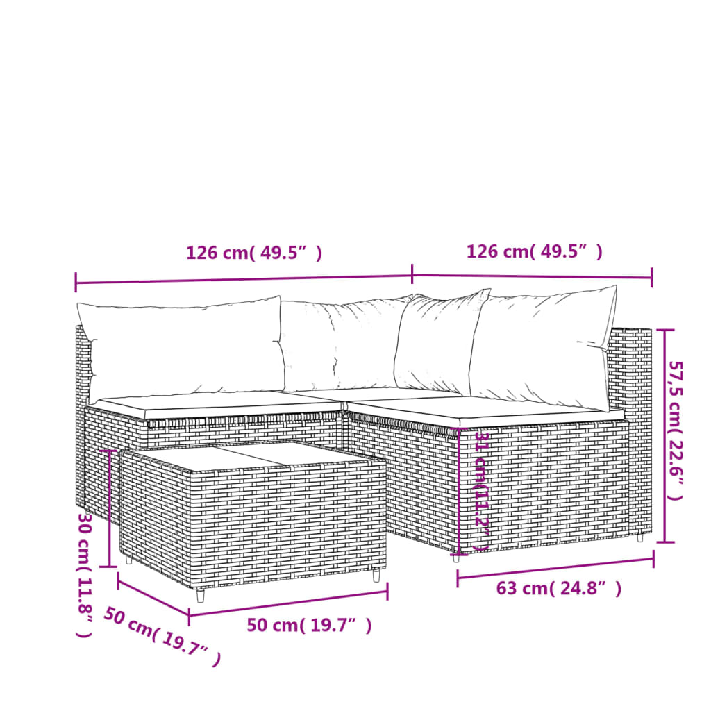 vidaXL Set mobilier de grădină cu perne, 4 piese, gri, poliratan