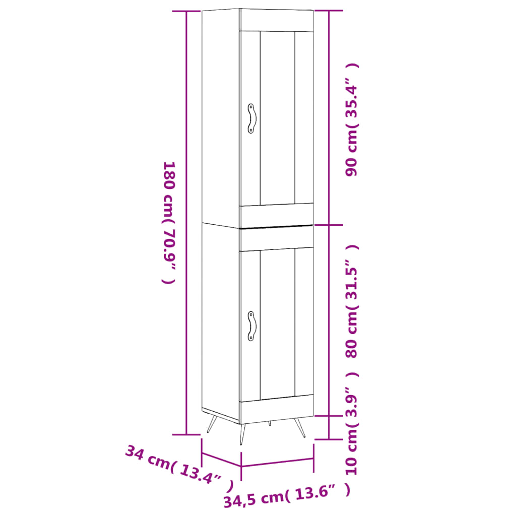 vidaXL Dulap înalt, gri sonoma, 34,5x34x180 cm, lemn prelucrat