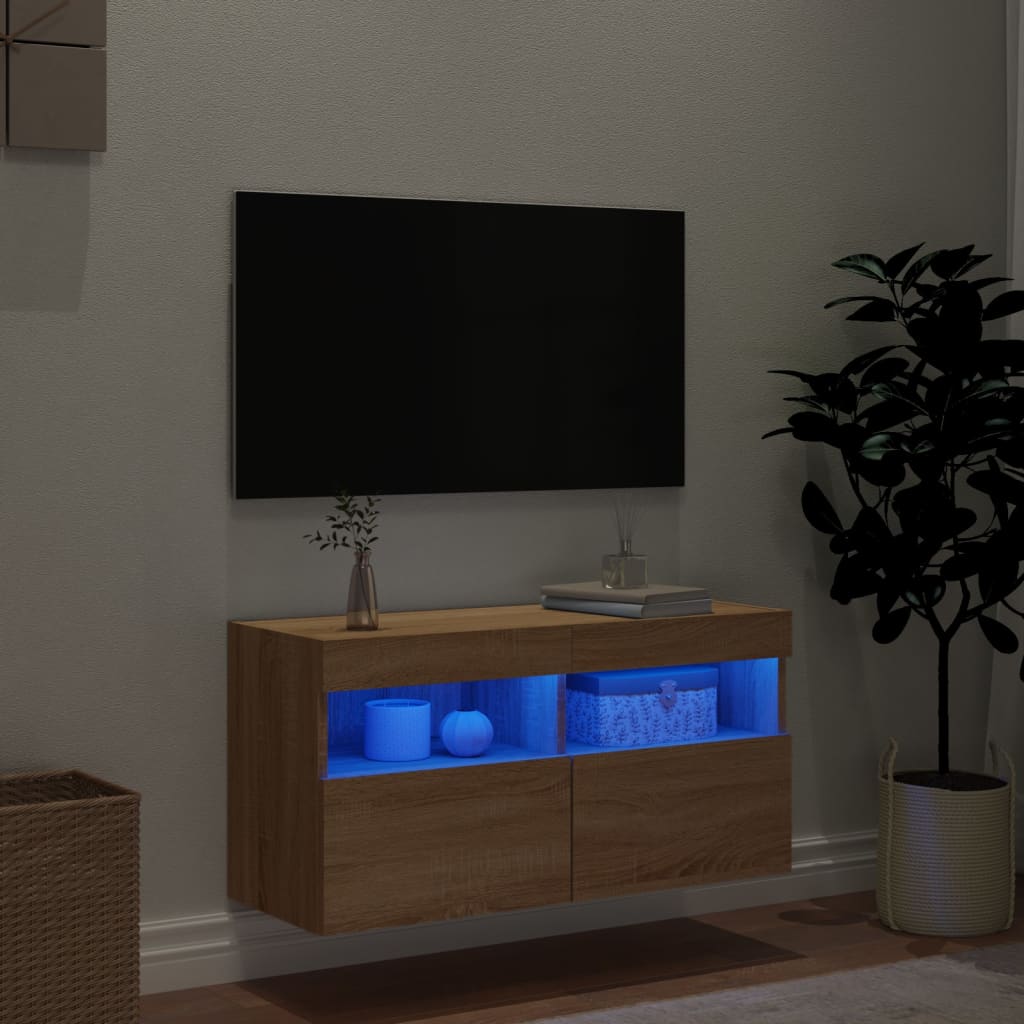 vidaXL Comodă TV de perete cu lumini LED, stejar sonoma, 80x30x40 cm