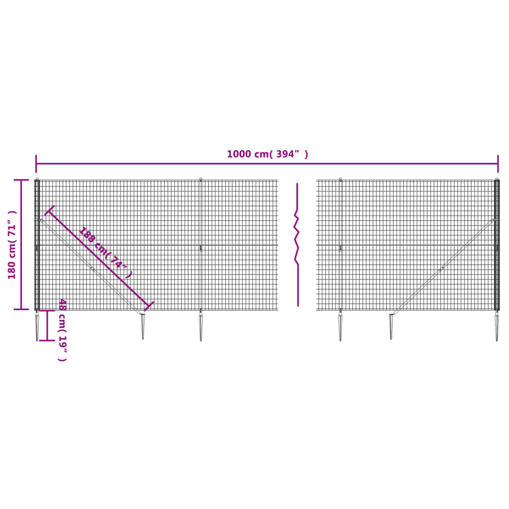 vidaXL Gard plasă de sârmă cu țăruși de fixare, antracit, 1,8x10 m