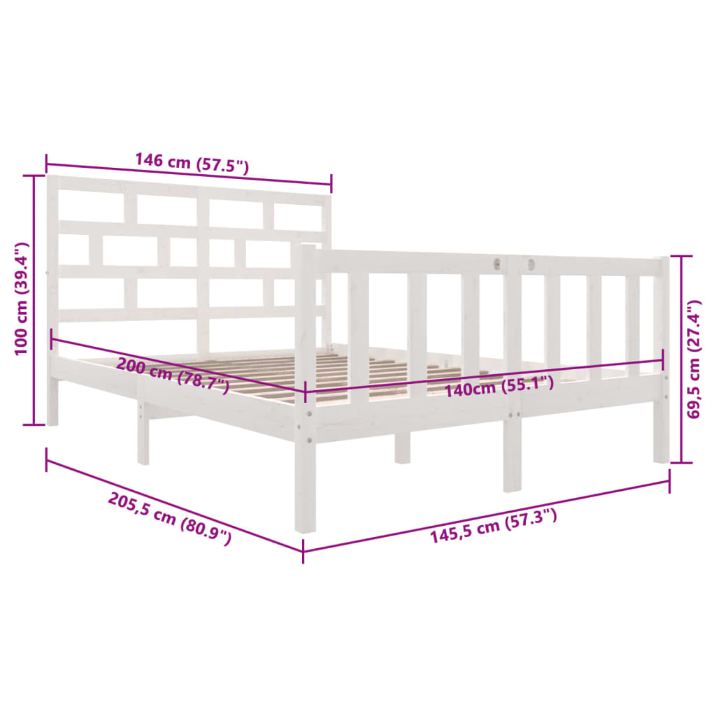 vidaXL Cadru de pat, alb, 140x200 cm, lemn masiv de pin