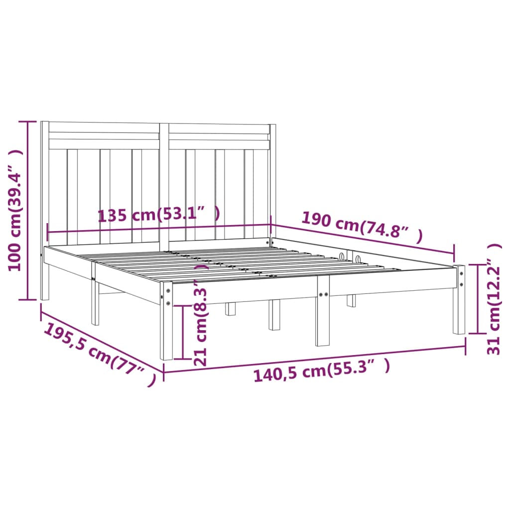 vidaXL Cadru de pat dublu, negru, 135x190 cm, lemn masiv