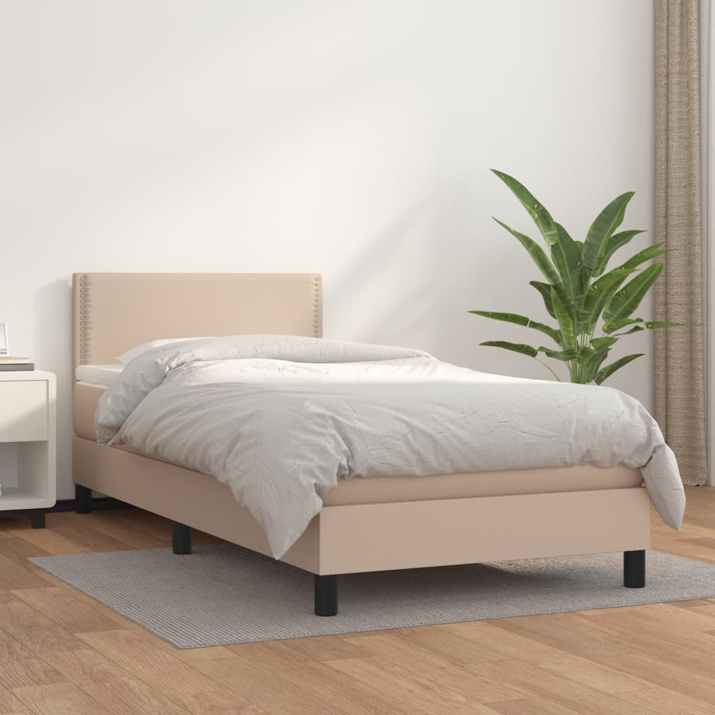 vidaXL Pat box spring cu saltea, cappuccino, 90x190 cm piele ecologică