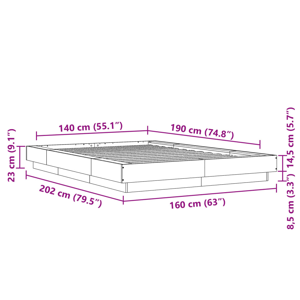 vidaXL Cadru de pat cu lumini LED stejar maro 140x190cm lemn prelucrat