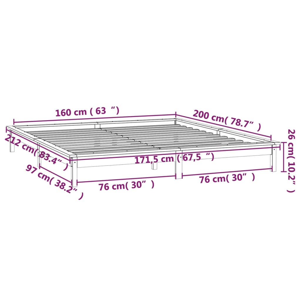 vidaXL Cadru de pat cu LED, maro miere, 160x200 cm, lemn masiv