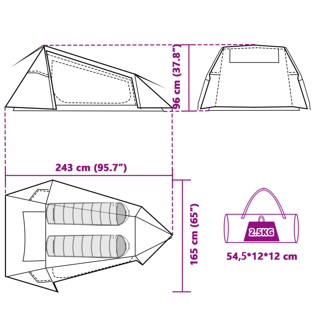 vidaXL Cort camping tunel 2 persoane, alb, țesătură opacă, impermeabil