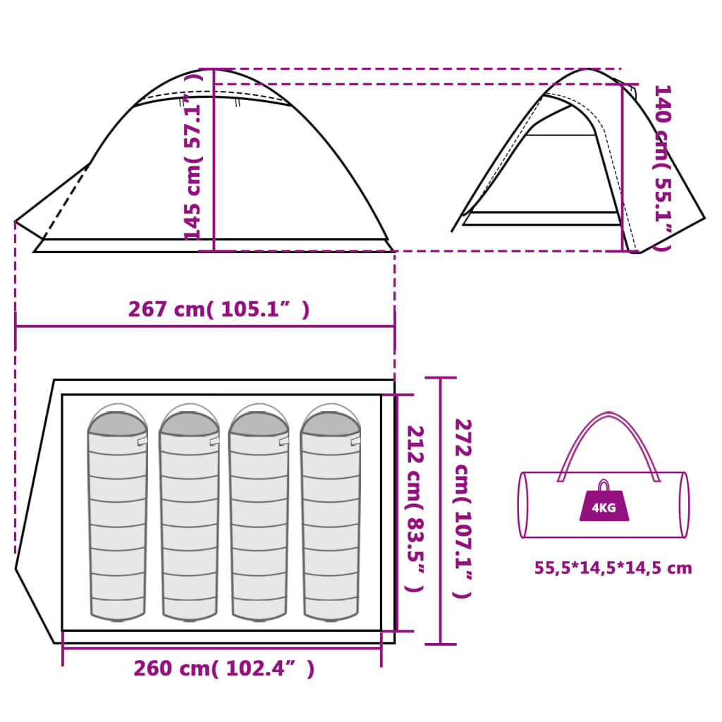 vidaXL Cort de camping cupolă pentru 4 persoane, albastru, impermeabil