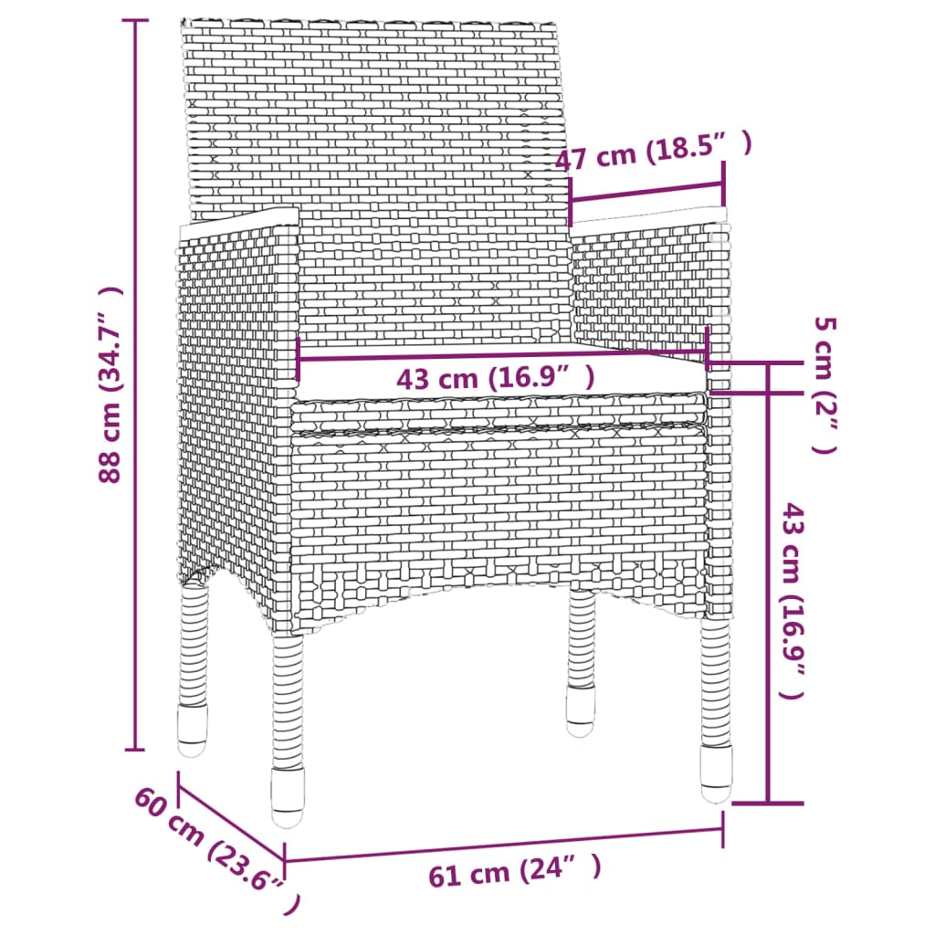 vidaXL Set mobilier de exterior cu perne, 3 piese, negru, poliratan