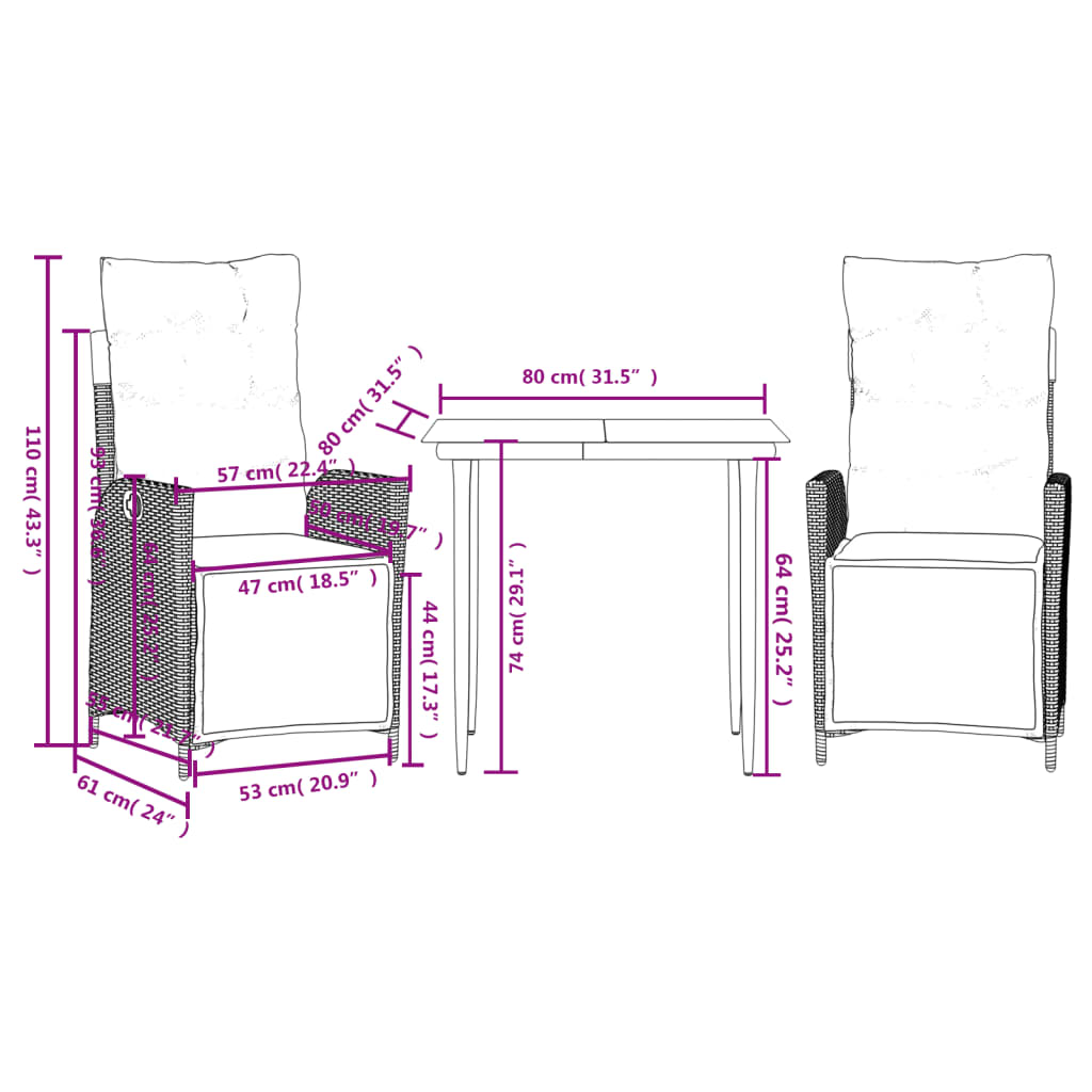 vidaXL Set mobilier de grădină cu perne, 3 piese, maro, poliratan