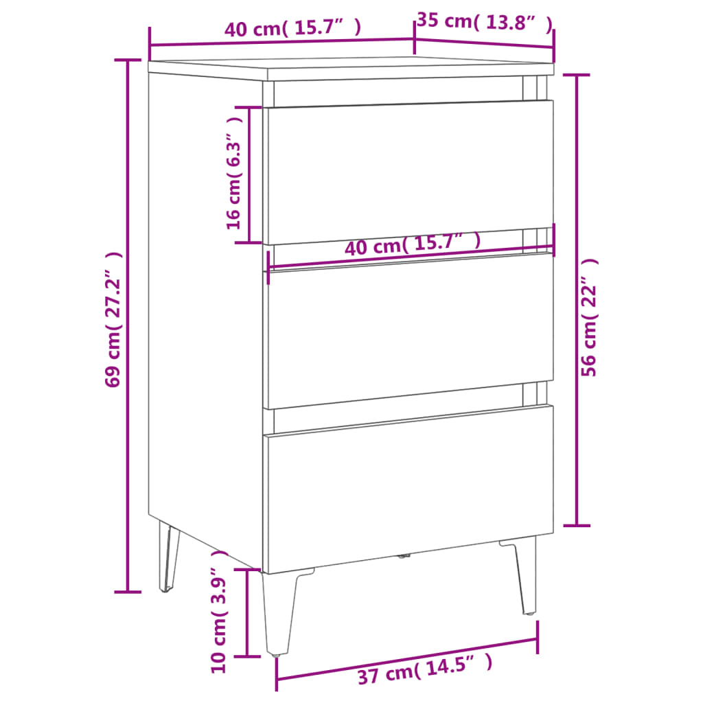 vidaXL Noptieră cu picioare metalice, alb extralucios, 40x35x69 cm