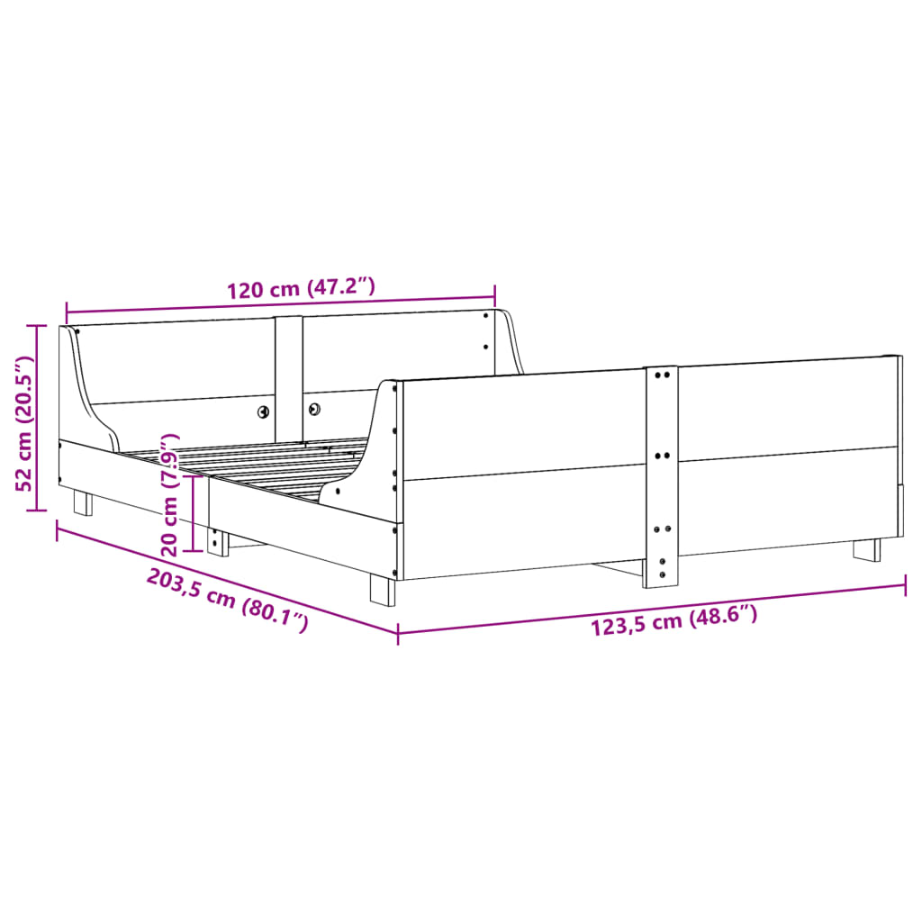 vidaXL Cadru de pat fără saltea, alb, 120x200 cm, lemn masiv pin