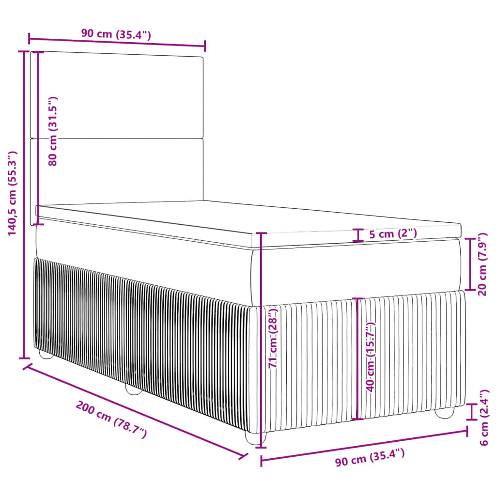 vidaXL Pat box spring cu saltea, gri deschis, 90x200 cm, textil