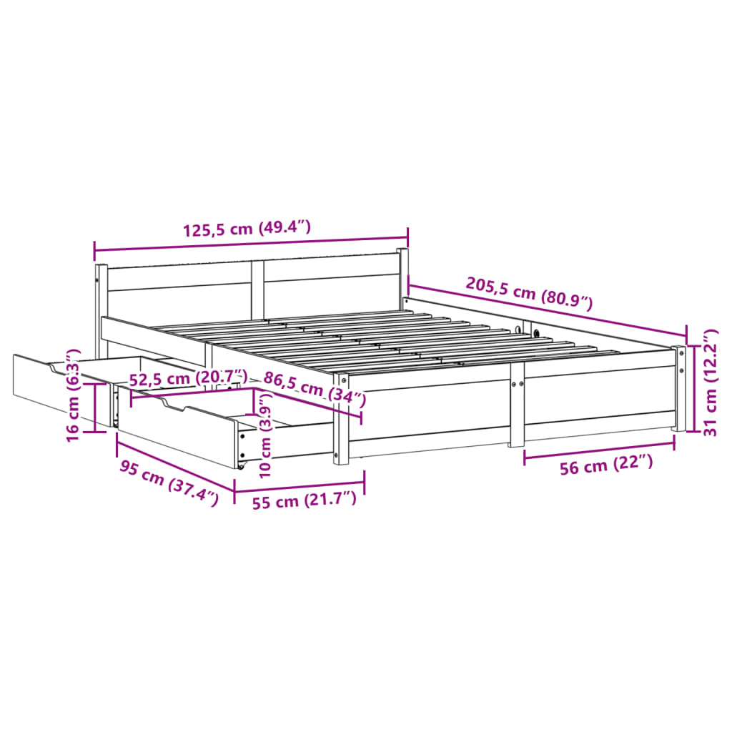 vidaXL Cadru de pat fără saltea, alb, 120x200 cm, lemn masiv pin