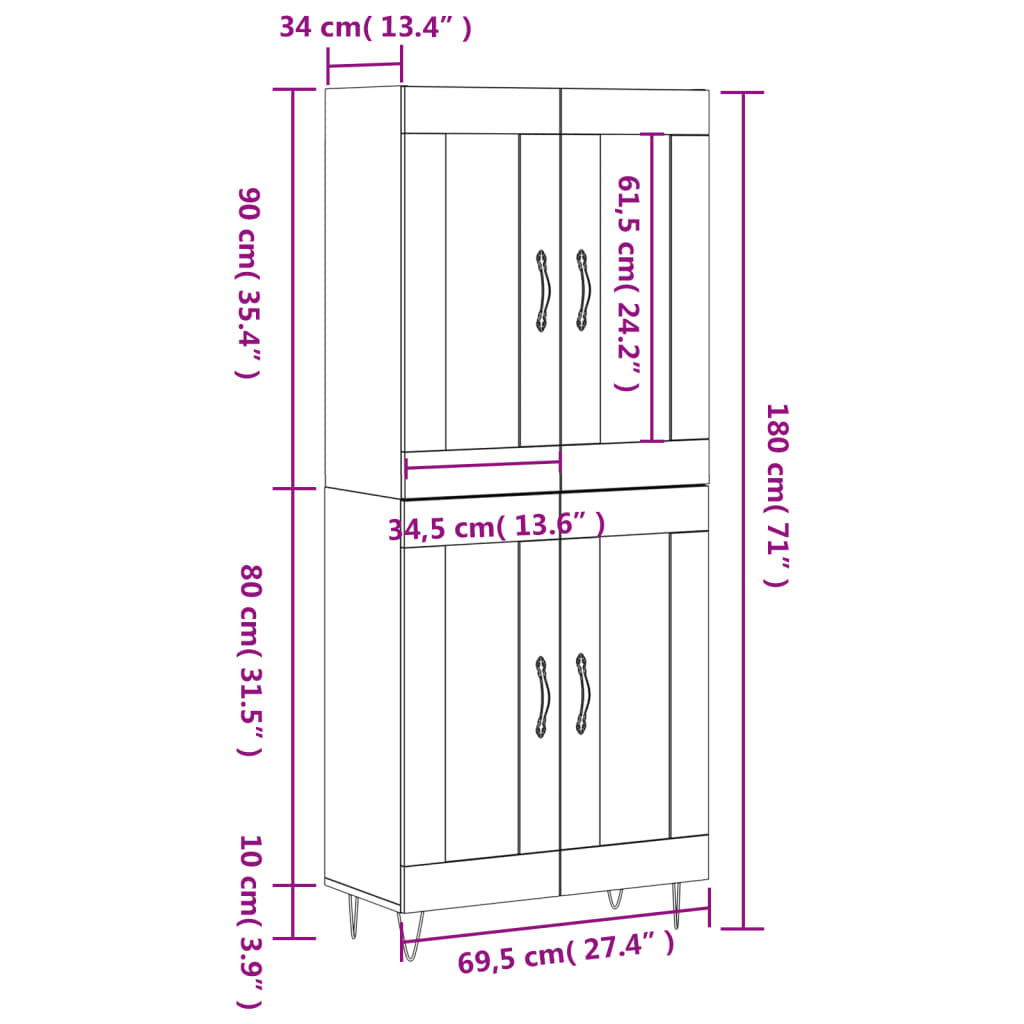 vidaXL Dulap înalt, alb extralucios, 69,5x34x180 cm, lemn compozit