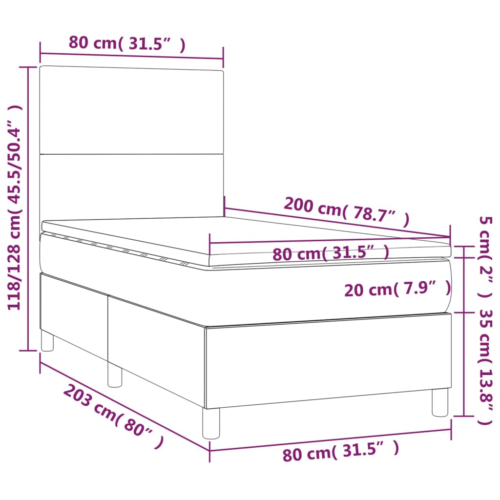 vidaXL Pat continental cu saltea și LED, gri închis, 80x200 cm catifea