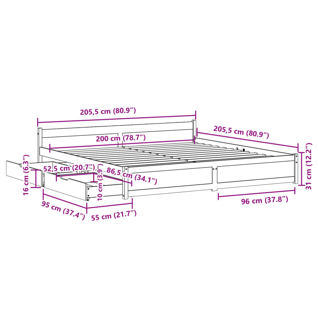 vidaXL Cadru de pat fără saltea, alb, 200x200 cm, lemn masiv pin