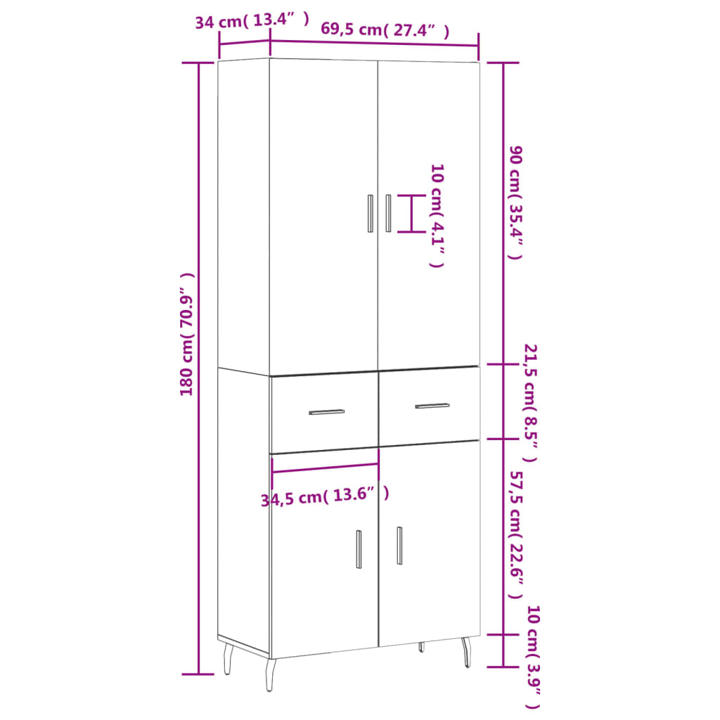 vidaXL Dulap înalt, gri sonoma, 69,5x34x180 cm, lemn compozit