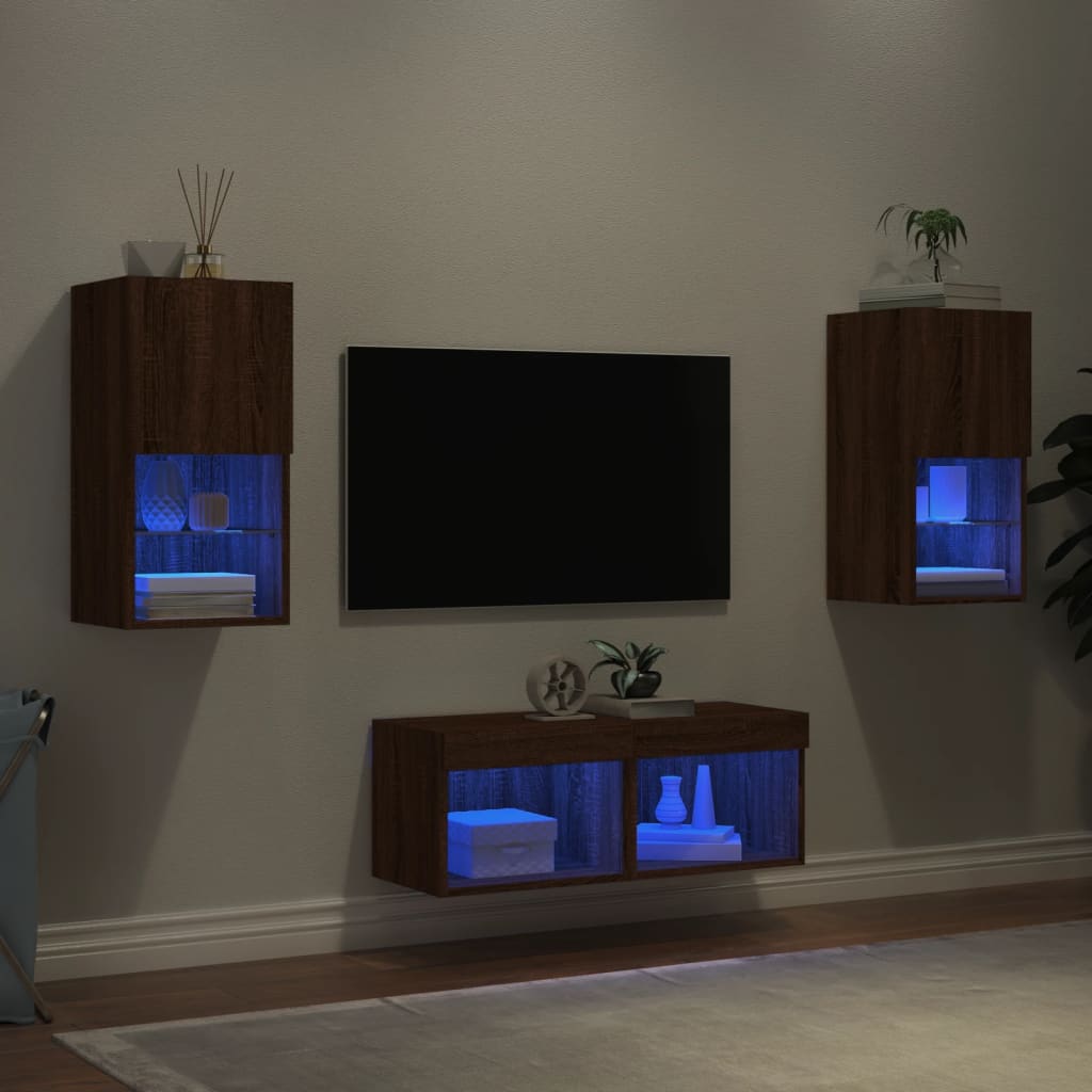 vidaXL Comode TV de perete cu lumini LED, 4 piese, stejar maro