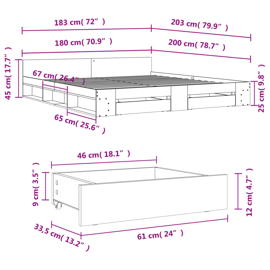 vidaXL Cadru de pat cu sertare gri sonoma 180x200 cm lemn prelucrat