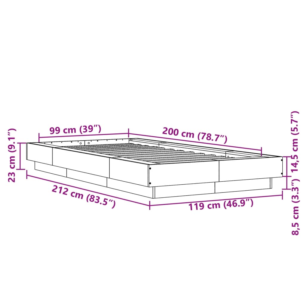 vidaXL Cadru de pat, gri beton, 100x200 cm, lemn prelucrat