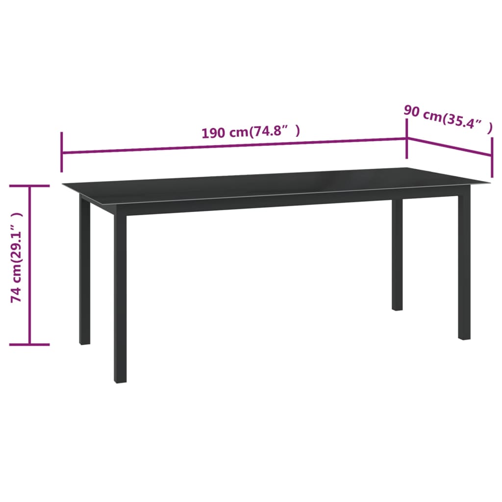 vidaXL Masă de grădină, negru, 190x90x74 cm, aluminiu și sticlă