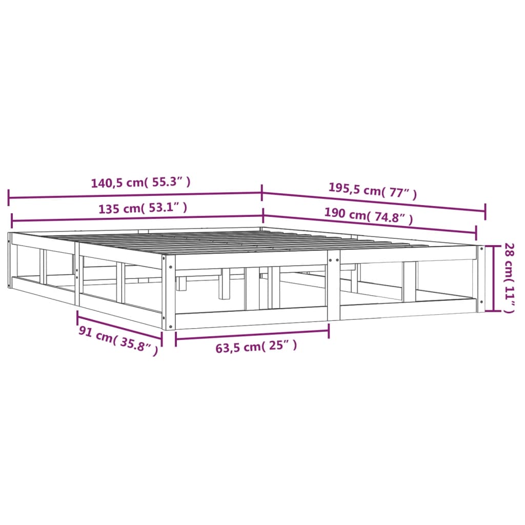 vidaXL Cadru de pat dublu, negru, 135x190 cm, lemn masiv