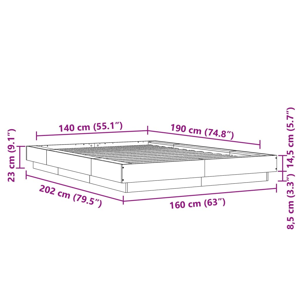 vidaXL Cadru de pat cu lumini LED gri beton 140x190 cm, lemn prelucrat